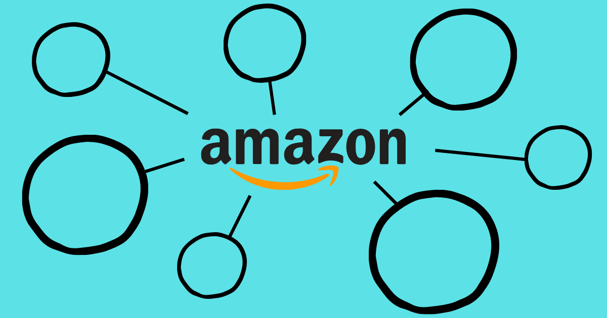 Web of thought bubbles around the Amazon logo