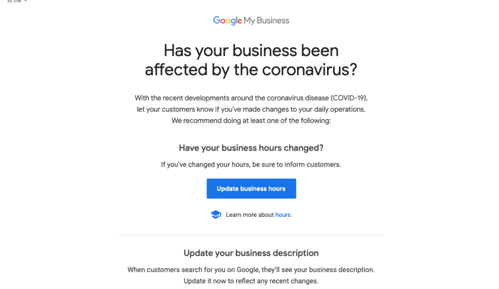 screenshot of Google's COVID update directions