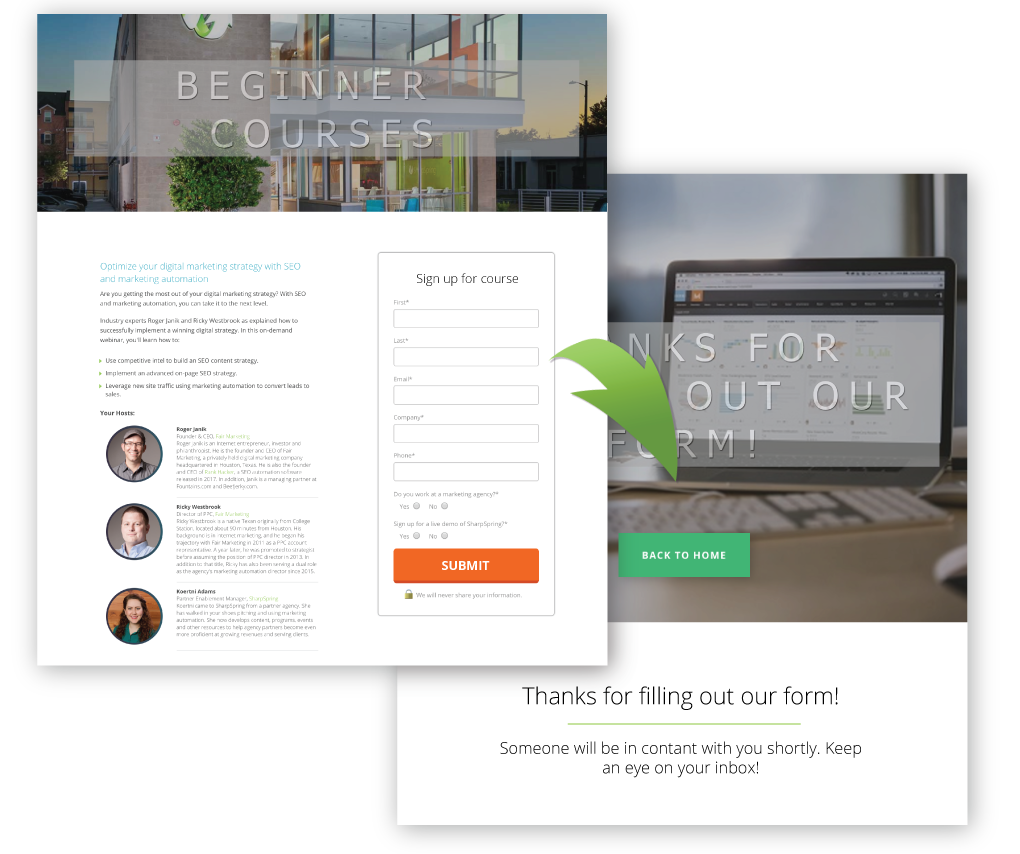 Landing page created for course sign up leads to a Thank you page for completing the form
