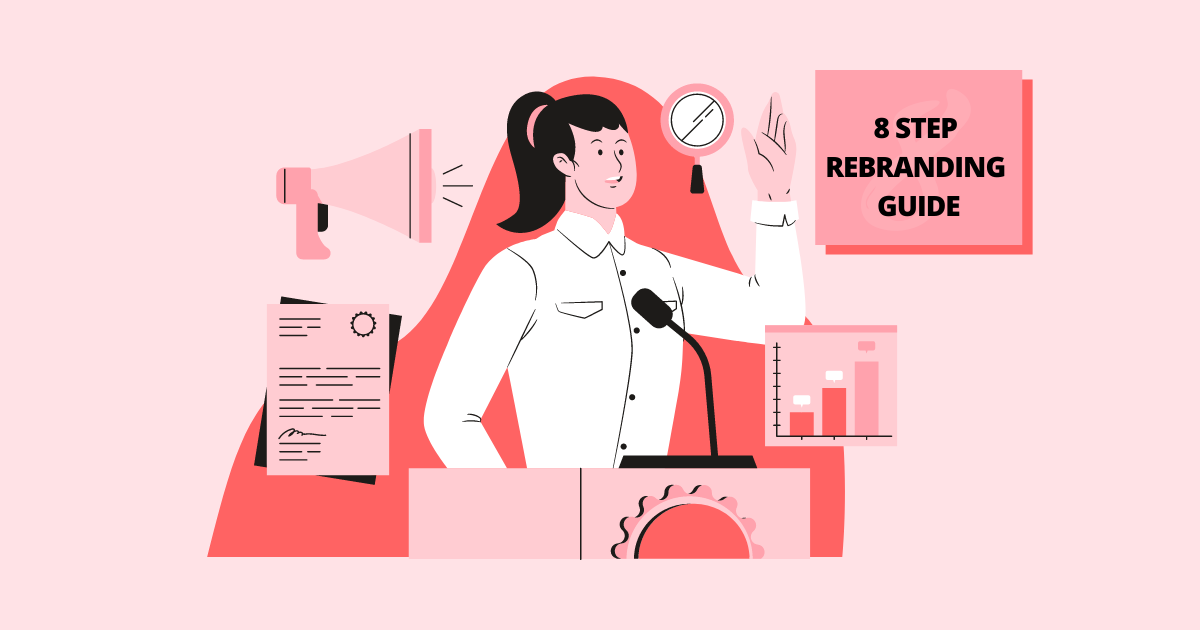 Animated woman standing behind a microphone talking about the rebranding guide