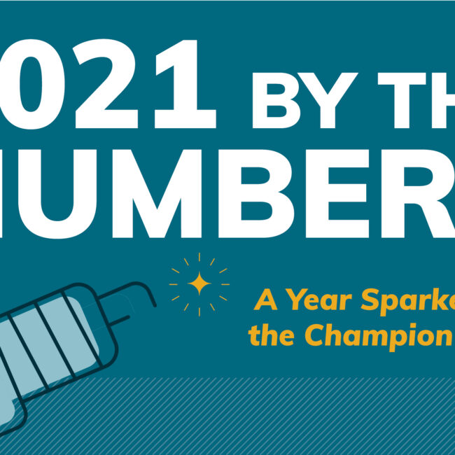 Text graphic that reads “2021 By The Numbers” and “A Year Sparked by the Champion Spirit”