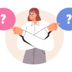 woman pointing to two question mark graphics