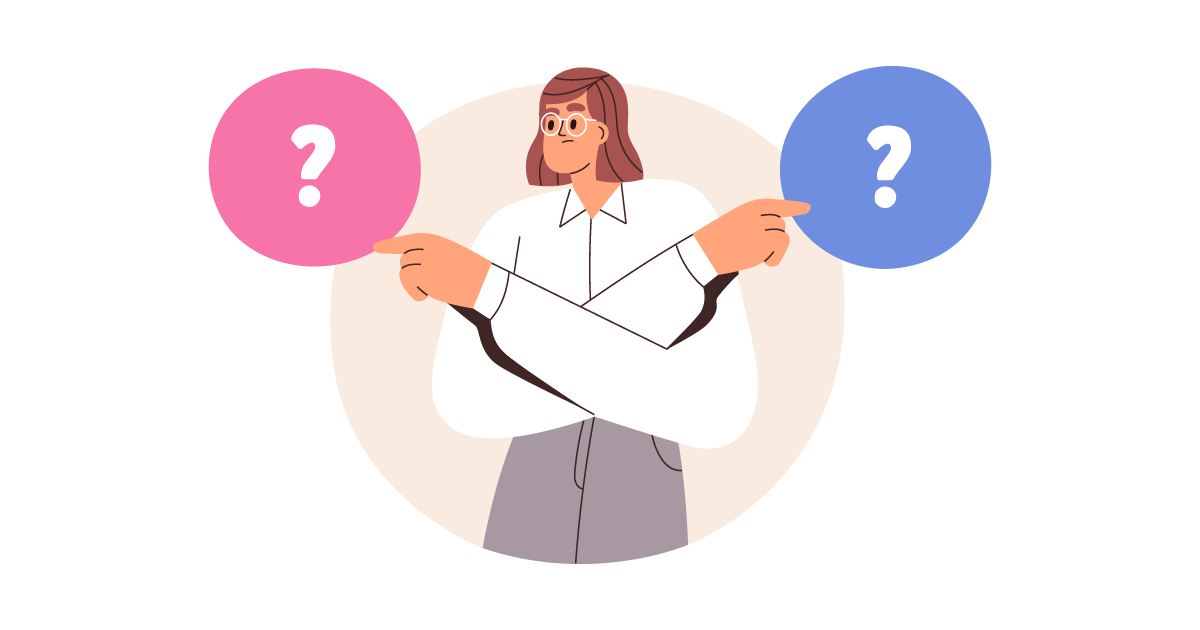 woman pointing to two question mark graphics