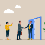 group of business people entering through a door graphic
