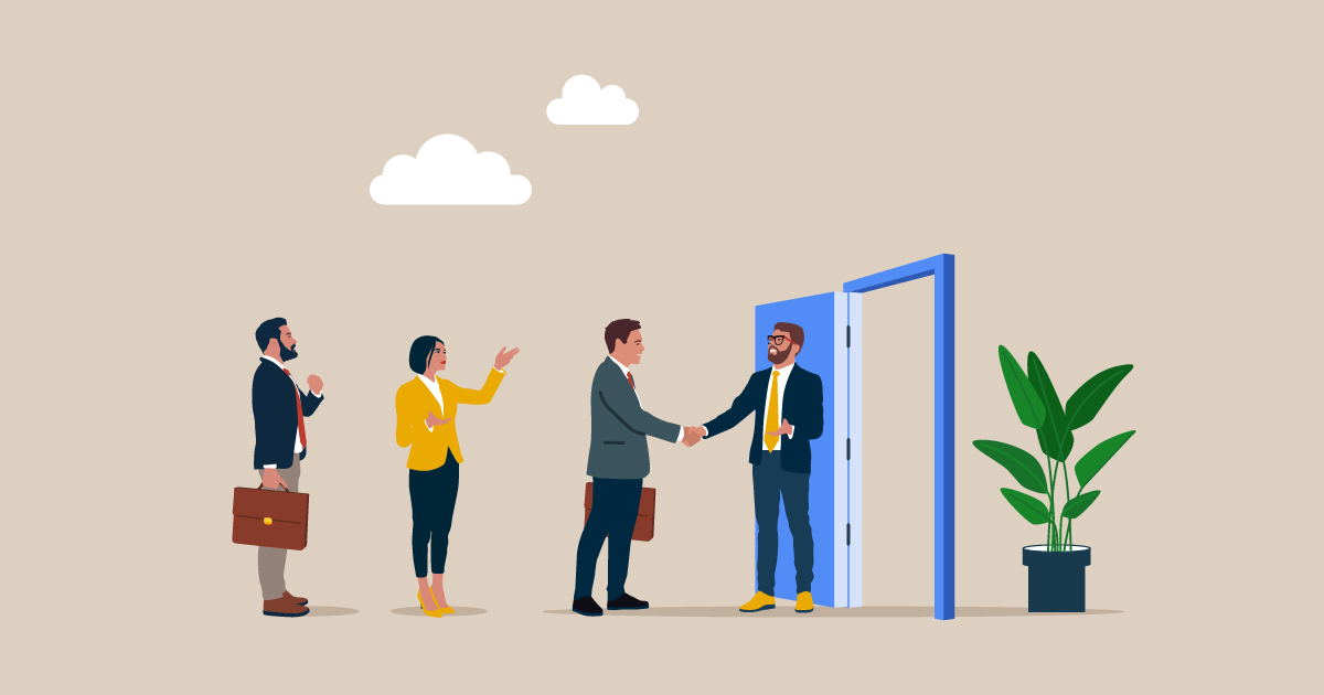 group of business people entering through a door graphic