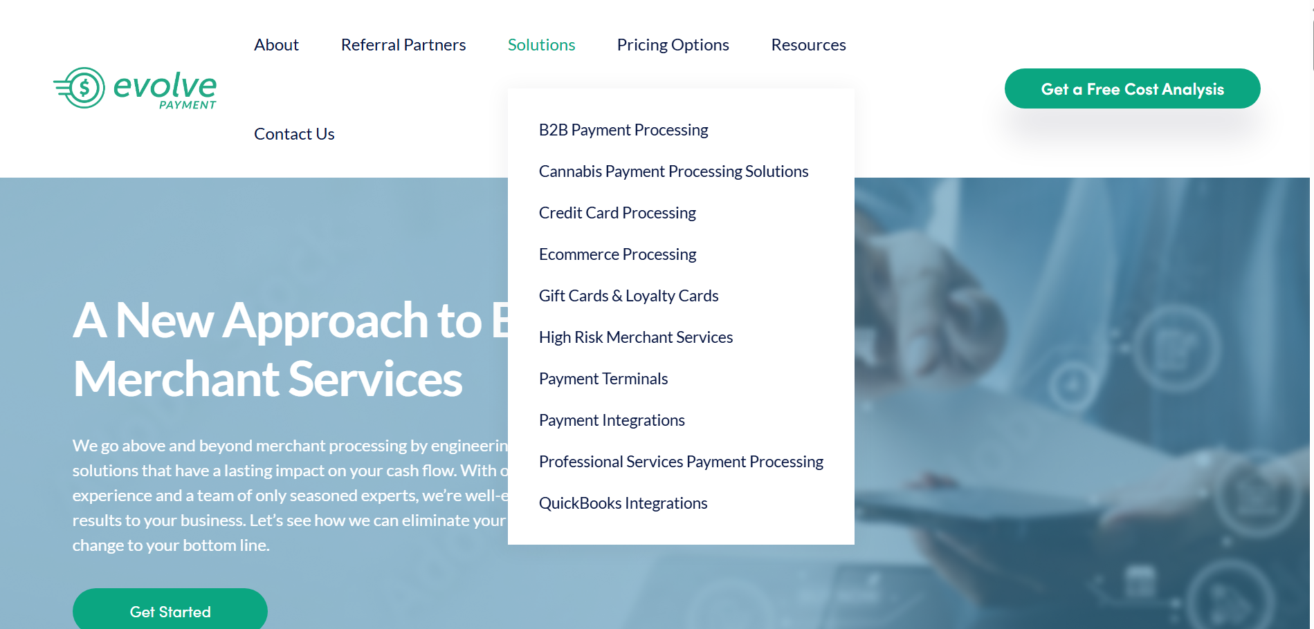 Evolve Payment’s website featuring a mega menu.