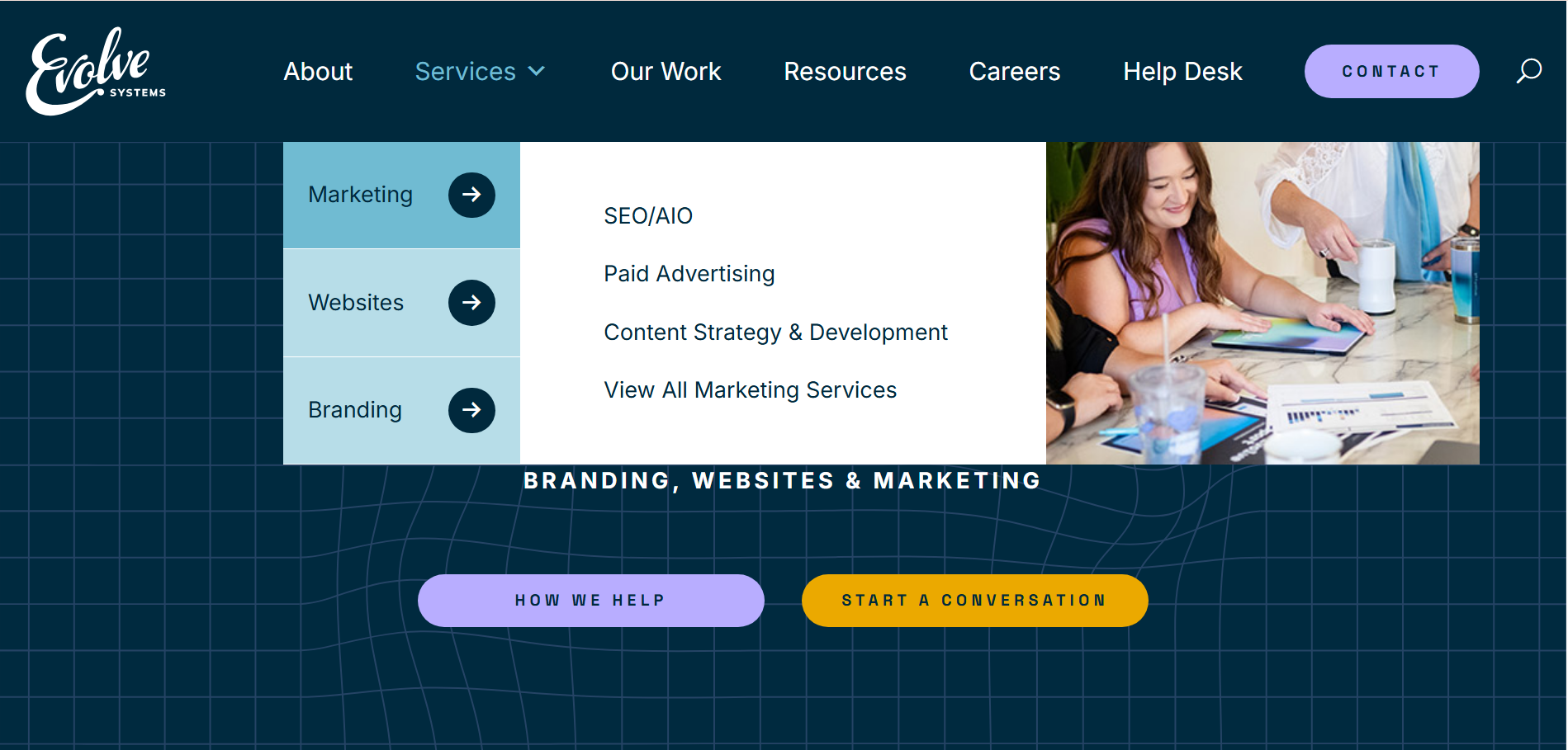 Image: Evolve Systems’ website featuring a mega menu.