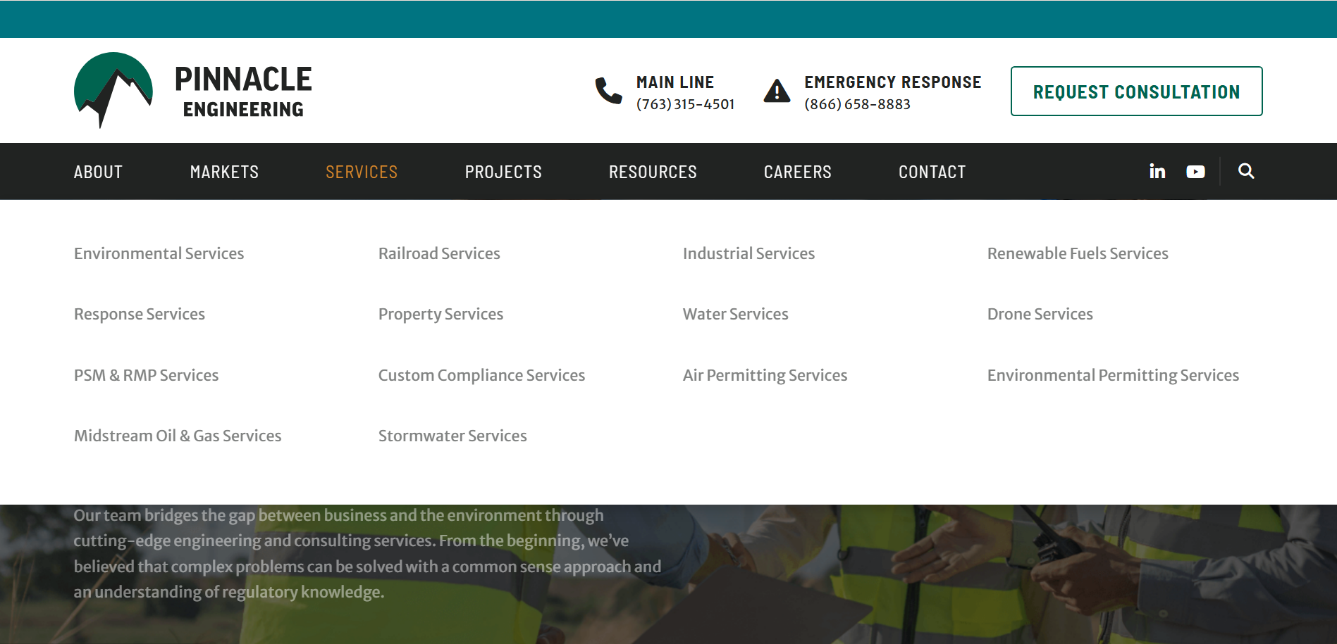 Pinnacle Engineering’s website featuring a mega menu.