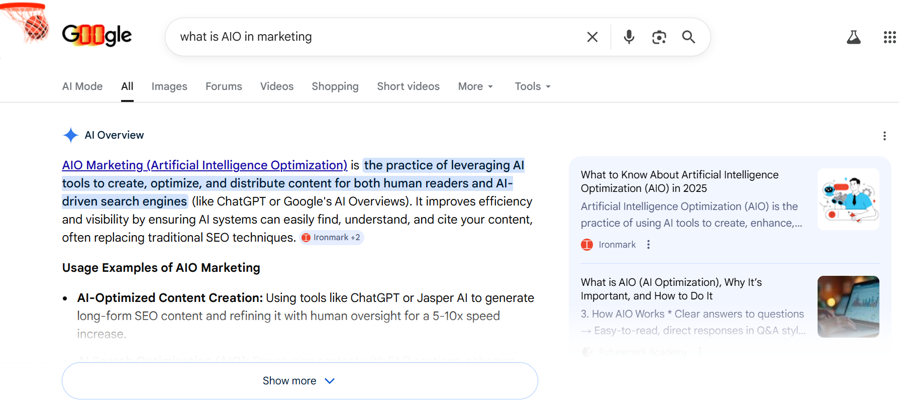 A google search for "what is AIO in marketing" with an AI Overview which says "AIO Marketing (Artificial Intelligence Optimization) is the practice of leveraging AI tools to create, optimize, and distribute content for both human readers and AI-driven search engines."