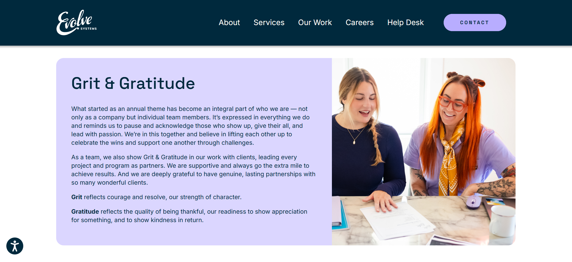 A section of the Evolve Systems website explaining our motto "Grit & Gratitude"